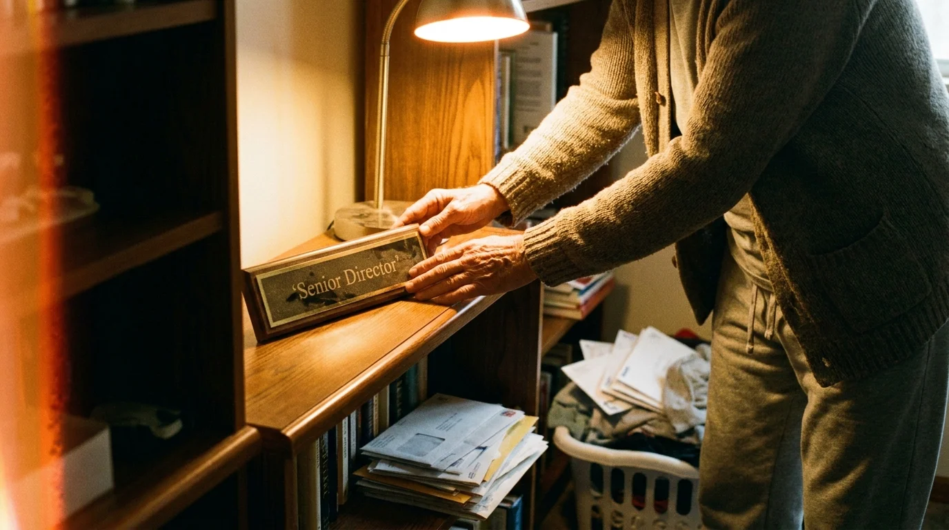 A person touching an old professional nameplate on a shelf, surrounded by the clutter of their current life.