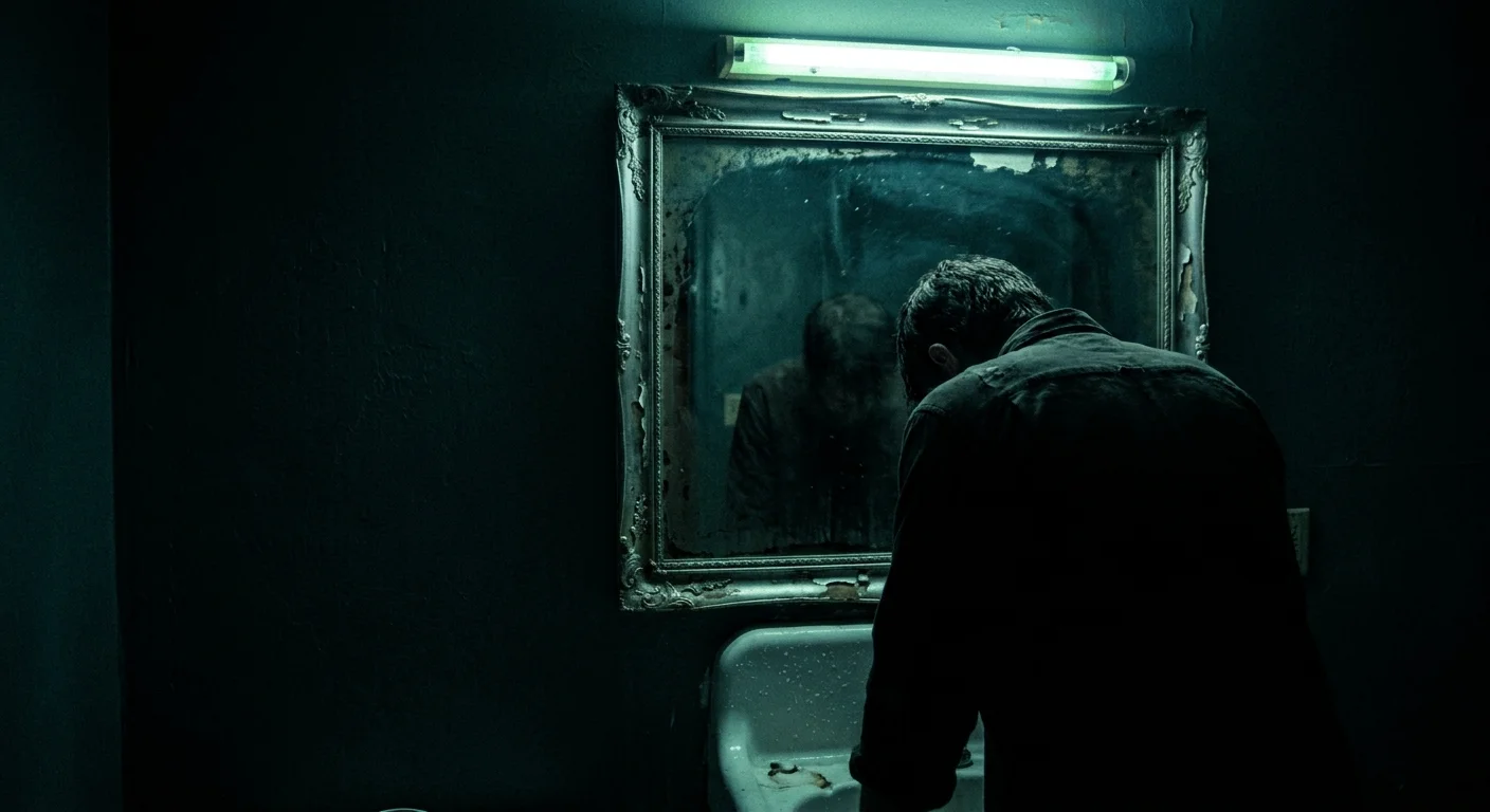 A person with bowed shoulders stands before a tarnished mirror in a dimly lit, cold-toned bathroom.