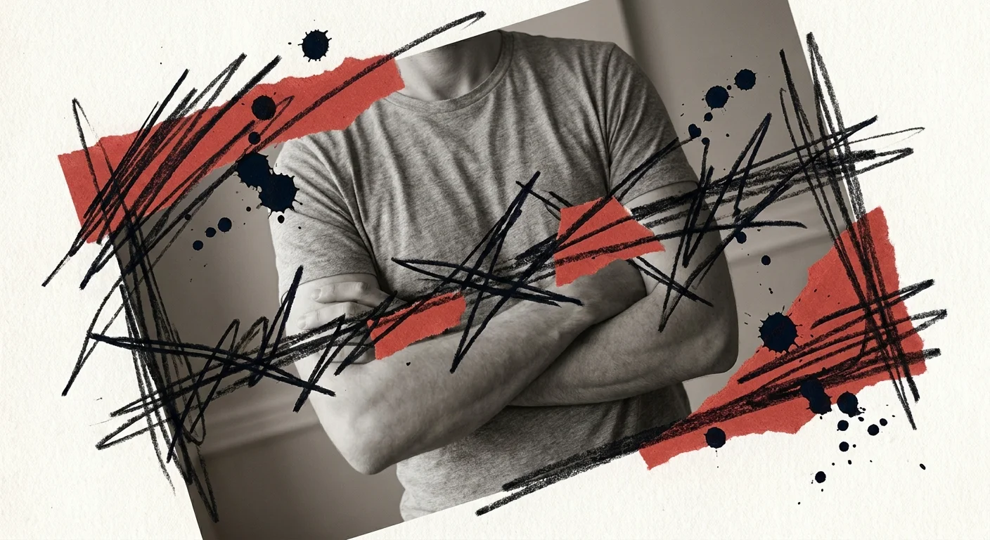 A person with crossed arms behind a barrier of jagged ink strokes and red paper, symbolizing sudden defensiveness.