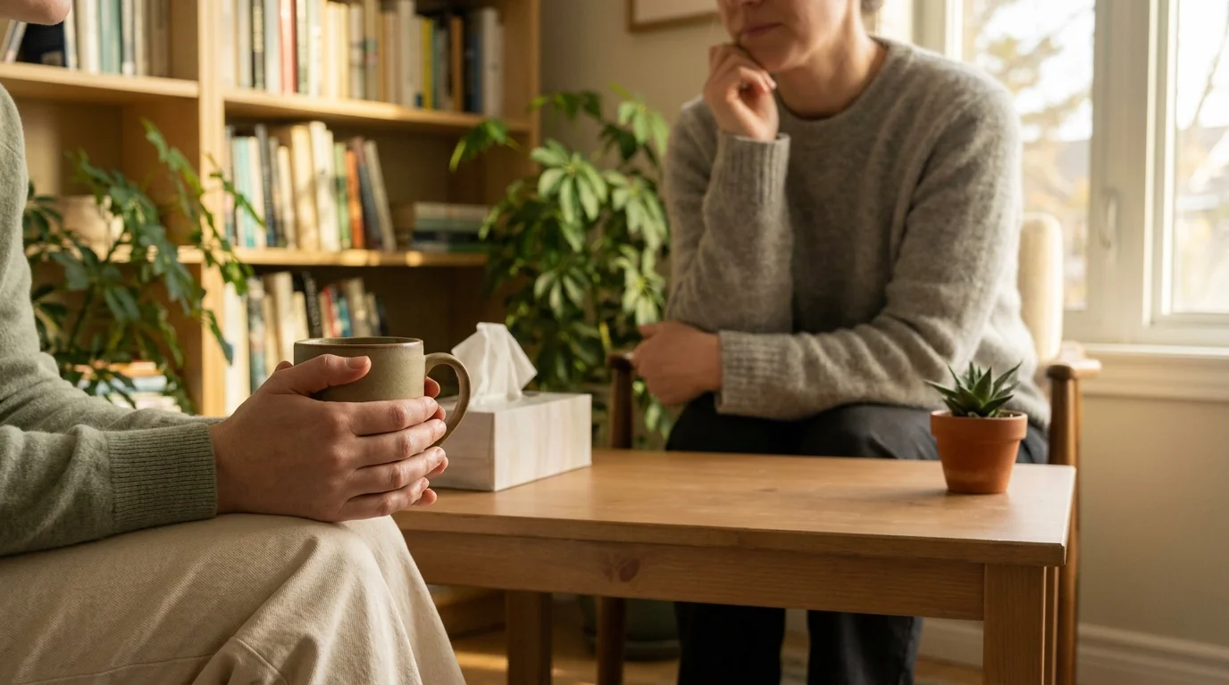 A person's hands hold a warm mug during a therapy session in a sunlit, comfortable room, conveying a sense of support.