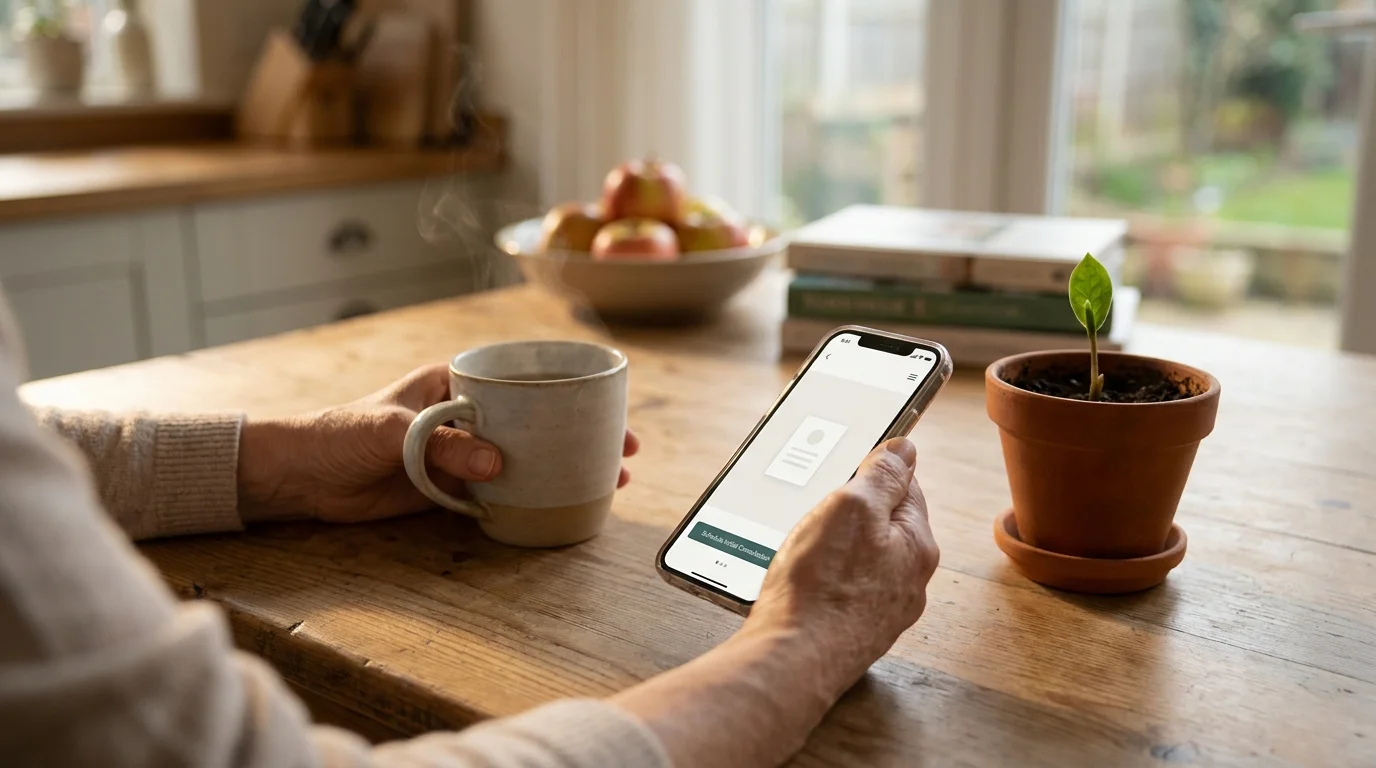 A person's hands on a wooden table holding a phone with a therapy app open, next to a steaming mug of tea.
