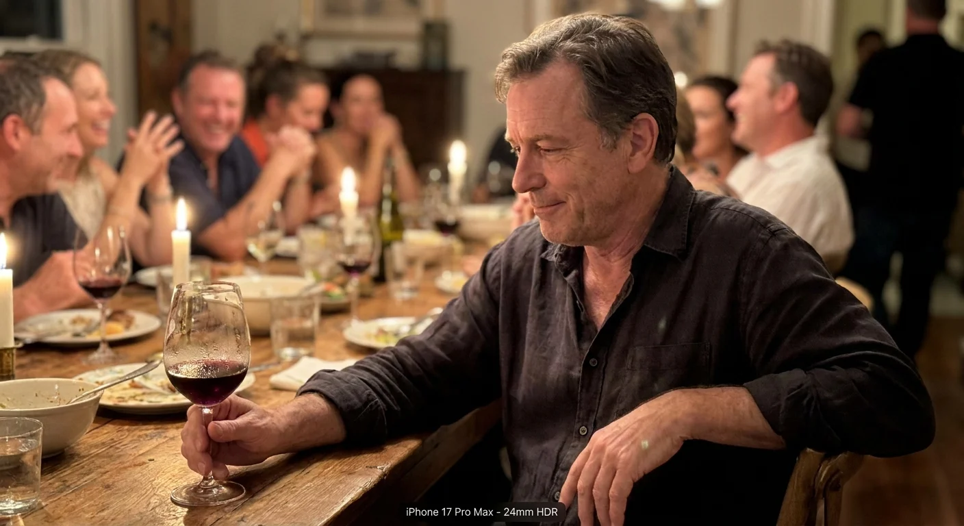 A photo of a man at a party with a subtle, condescending smirk while others talk in the background.