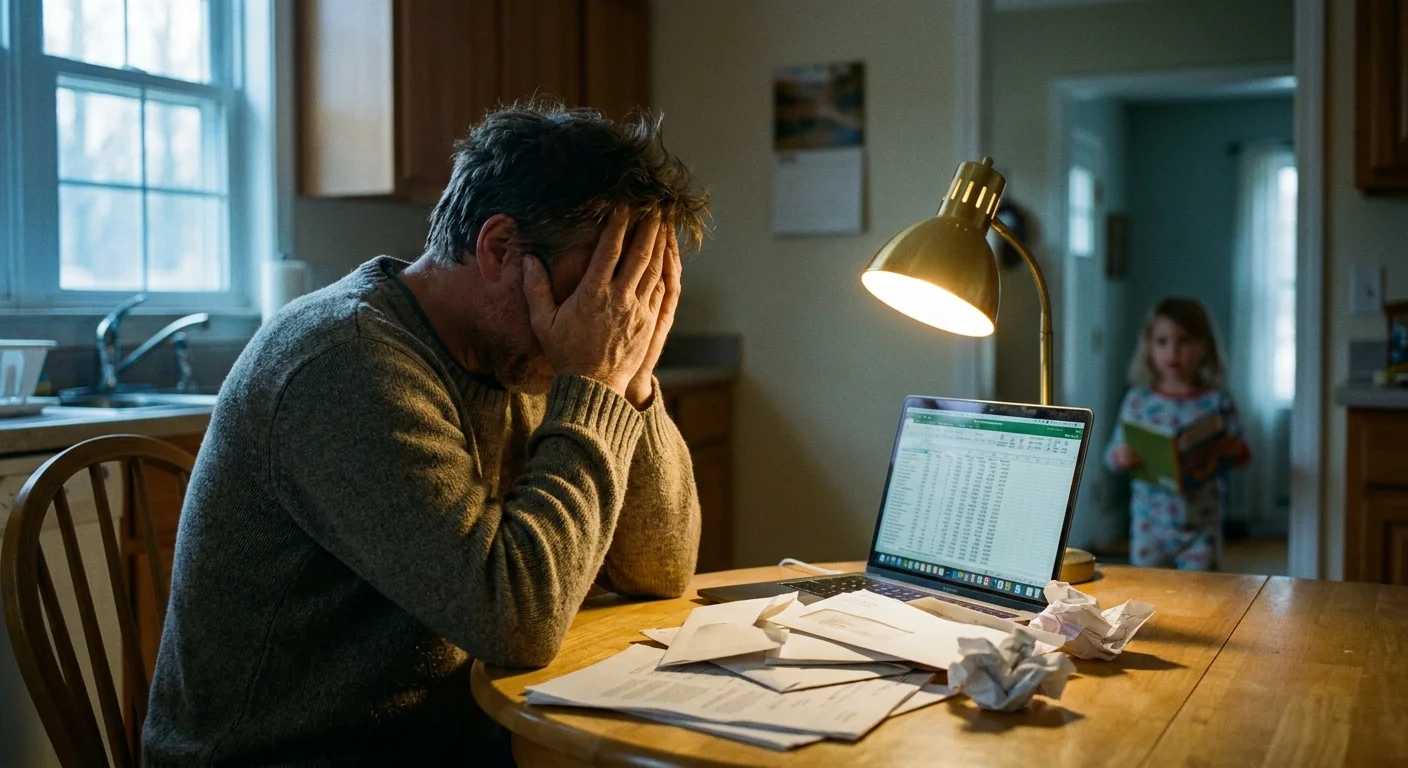 A photo of a man stressed by bills at a table, completely unaware of a child standing in the background with a book.