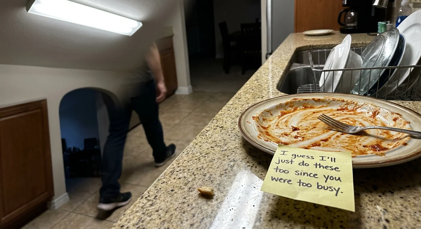 A photo of a passive-aggressive sticky note left on a dirty plate in a kitchen.