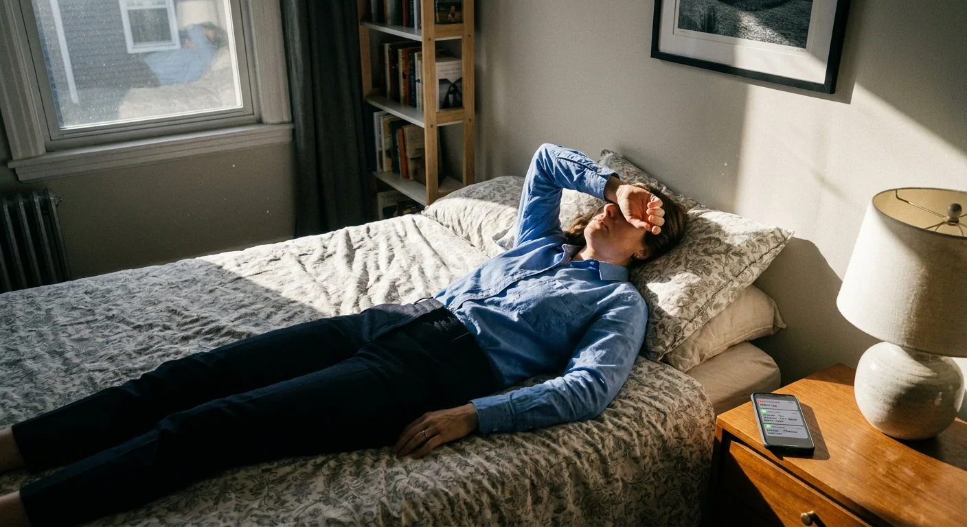 A photo of a woman lying on a bed ignoring a glowing phone, using feigned exhaustion to avoid helping others.
