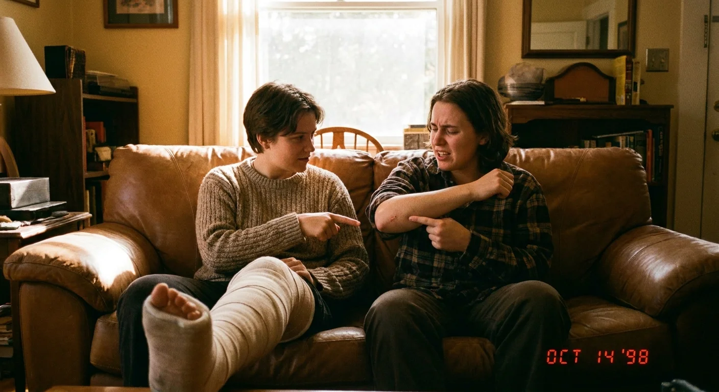 A photo of two people on a couch; one has a leg cast, while the other ignores it to point at a small scar on their own arm.