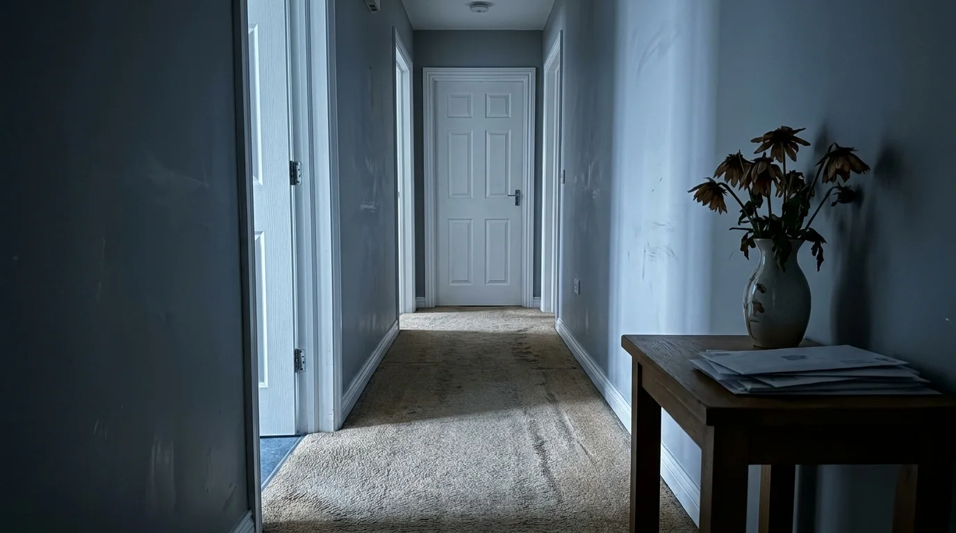 A photograph looking down a long, empty domestic hallway toward a closed door, with long shadows and a cold atmosphere.