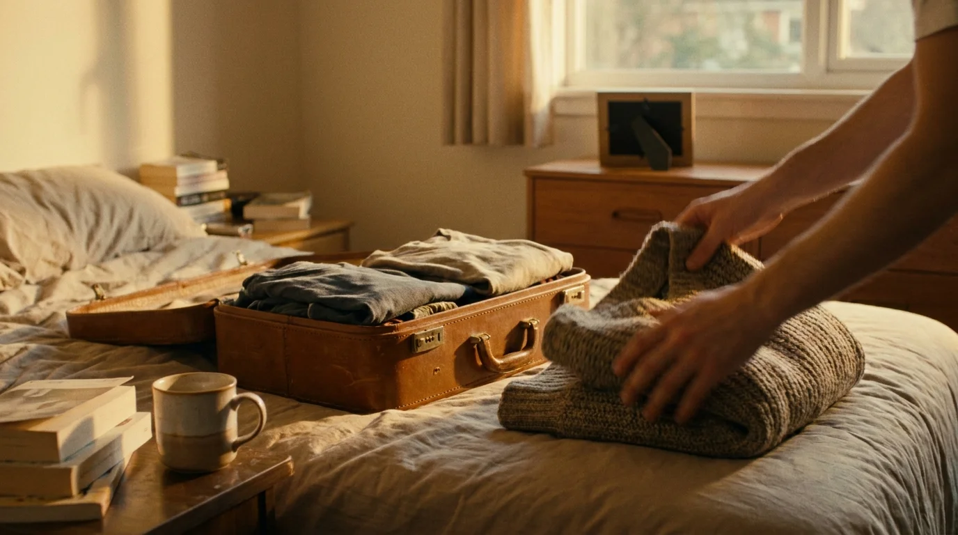 A photograph of a half-packed suitcase on a bed during sunset, with a person's hands folding clothes in a hurry.