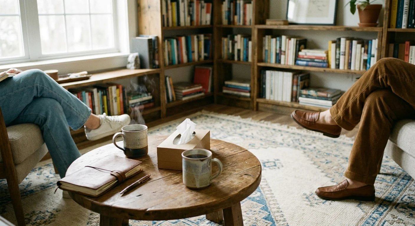 A photograph of two mugs of tea and a notebook on a coffee table in a warm, sunlit room, suggesting a therapy session.