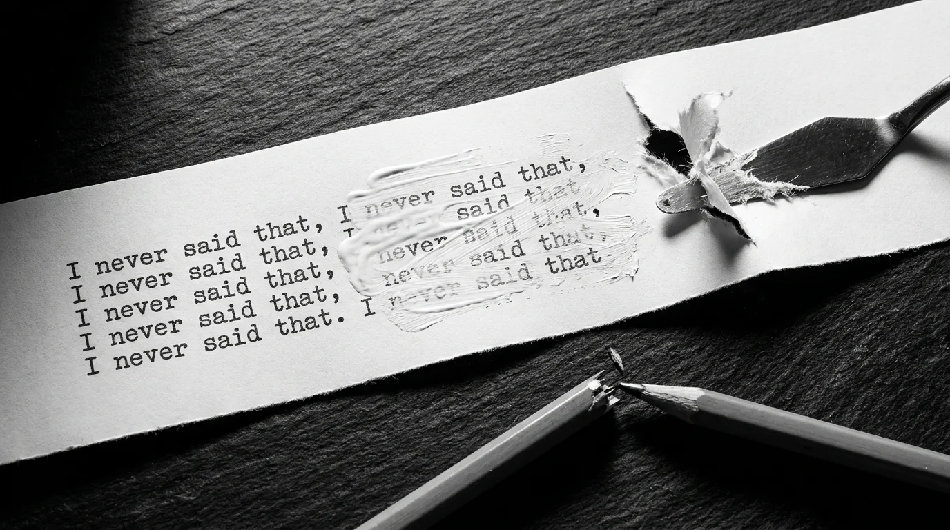 A piece of paper with the words 'I never said that' being covered by correction fluid and scraped away, symbolizing denial.