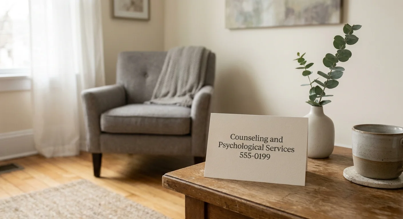 A professional business card for counseling services resting on a table in a calm, sunny room.