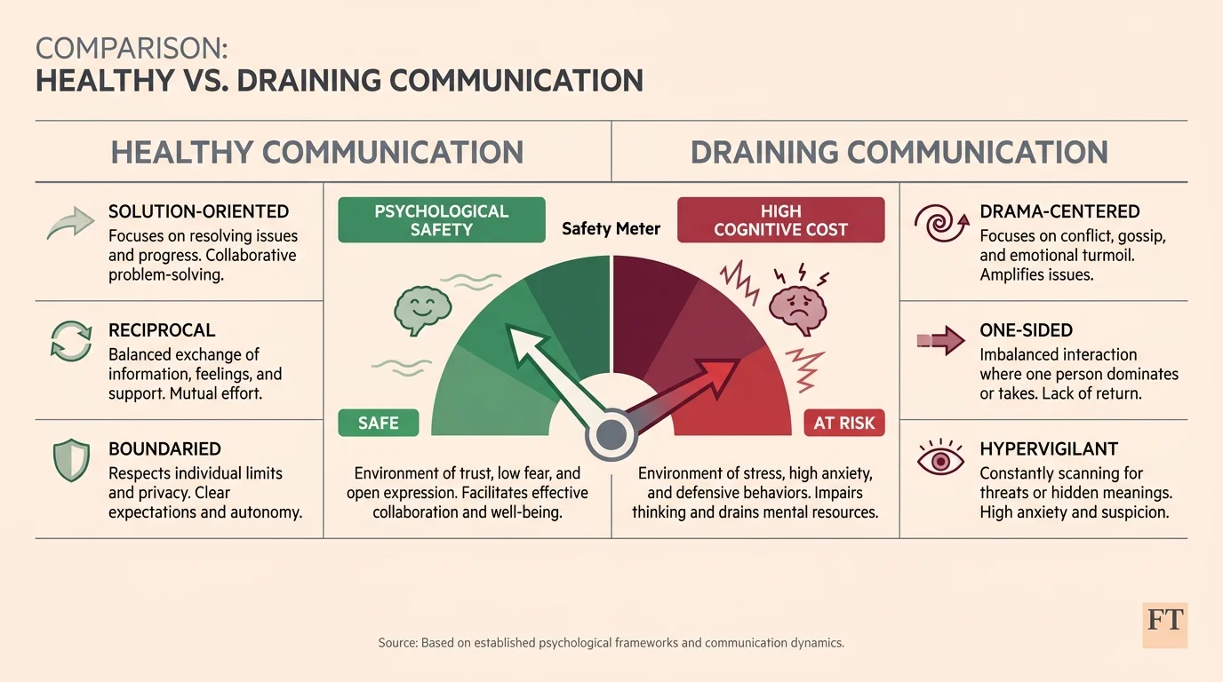 A professional comparison table showing the differences between healthy and draining communication styles.