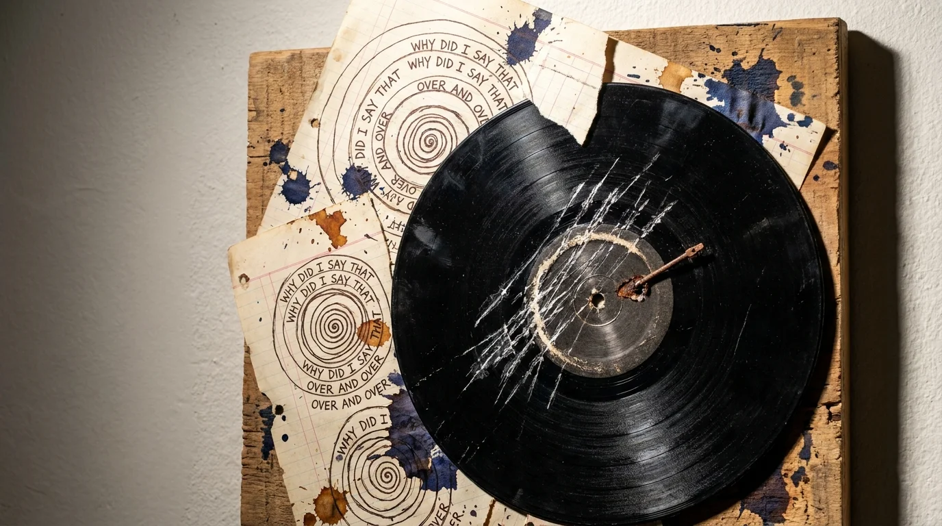 A scratched vinyl record with torn paper overlays, symbolizing the repetitive cycle of ruminating on past conflicts.