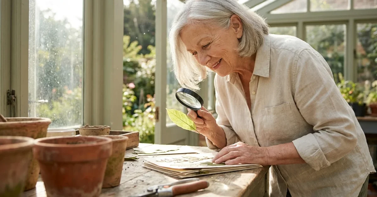 A senior woman in a sunlit room excitedly examines a green leaf through a magnifying glass, surrounded by plants and gardening tools.