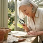 A senior woman in a sunlit room excitedly examines a green leaf through a magnifying glass, surrounded by plants and gardening tools.