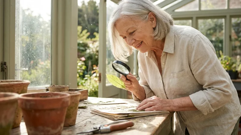 A senior woman in a sunlit room excitedly examines a green leaf through a magnifying glass, surrounded by plants and gardening tools.