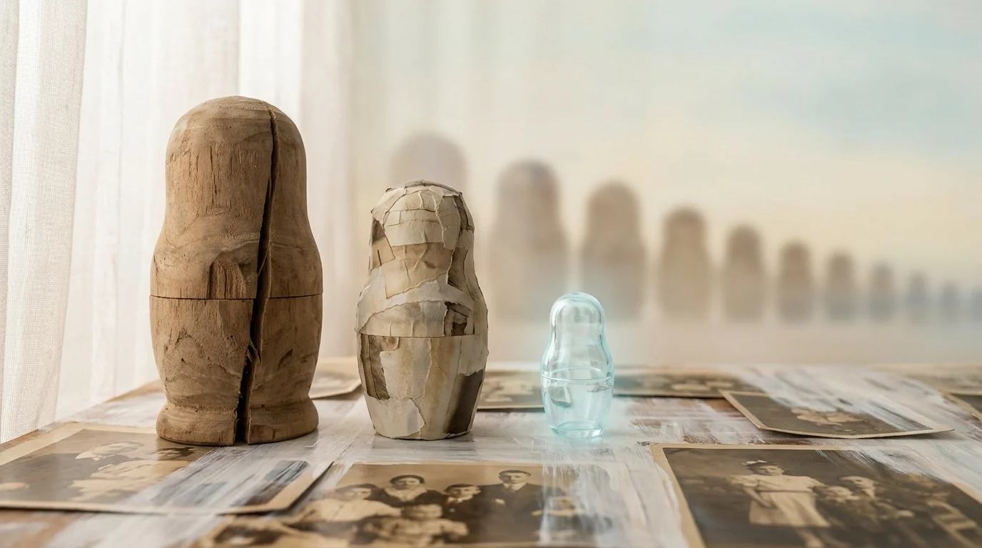 A series of nesting dolls in different materials (wood, paper, glass) sitting on faded family photos, representing generational trauma.