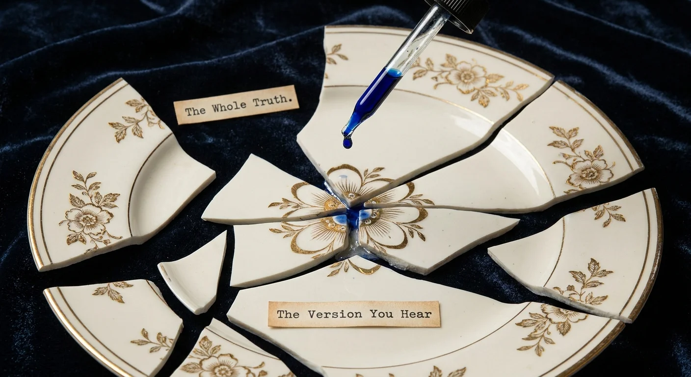 A shattered ceramic plate with only a few pieces glued back together, representing a partial or 'trickle' confession.