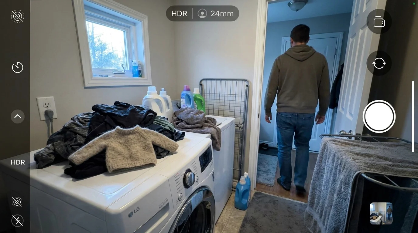 A shrunken wool sweater sits on top of a laundry basket in a kitchen, while a person walks away in the background.