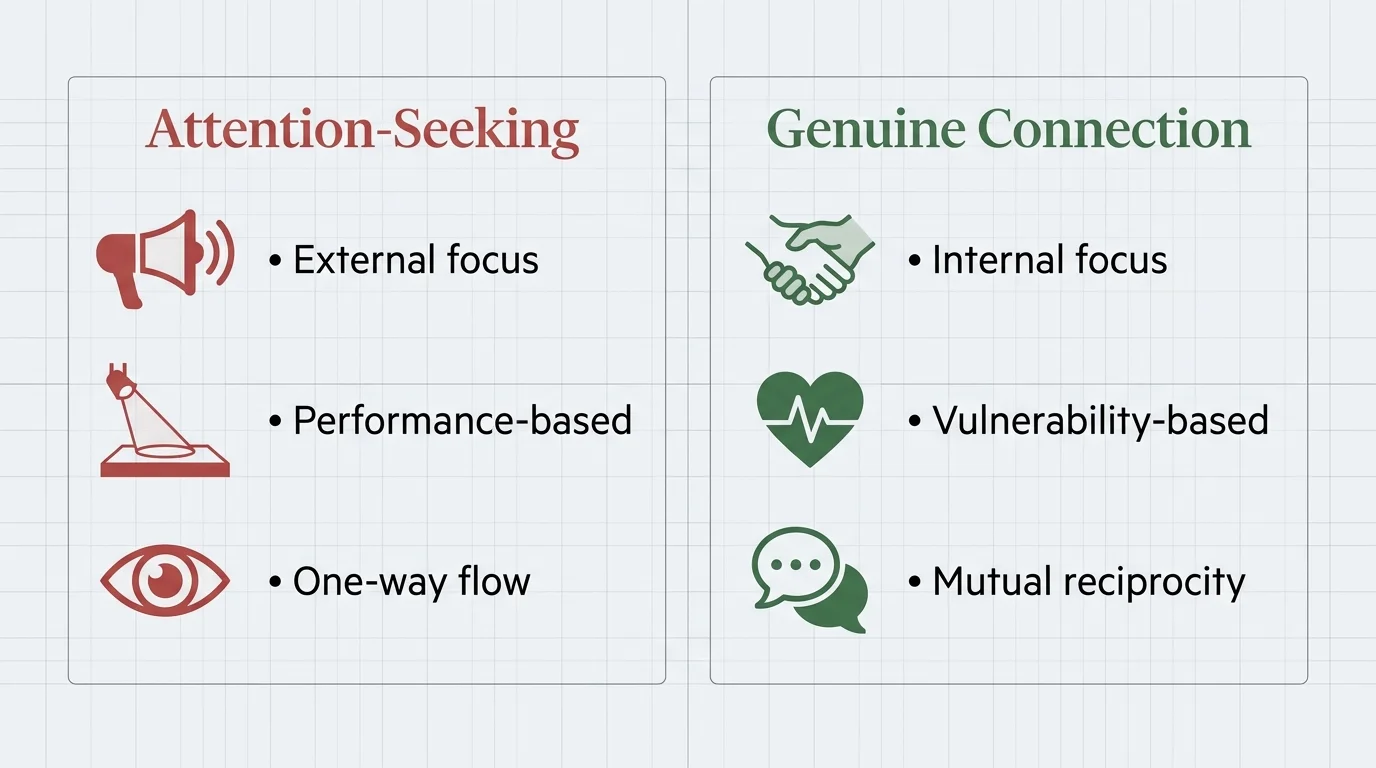 A side-by-side comparison chart showing the differences between attention-seeking behavior and genuine connection.