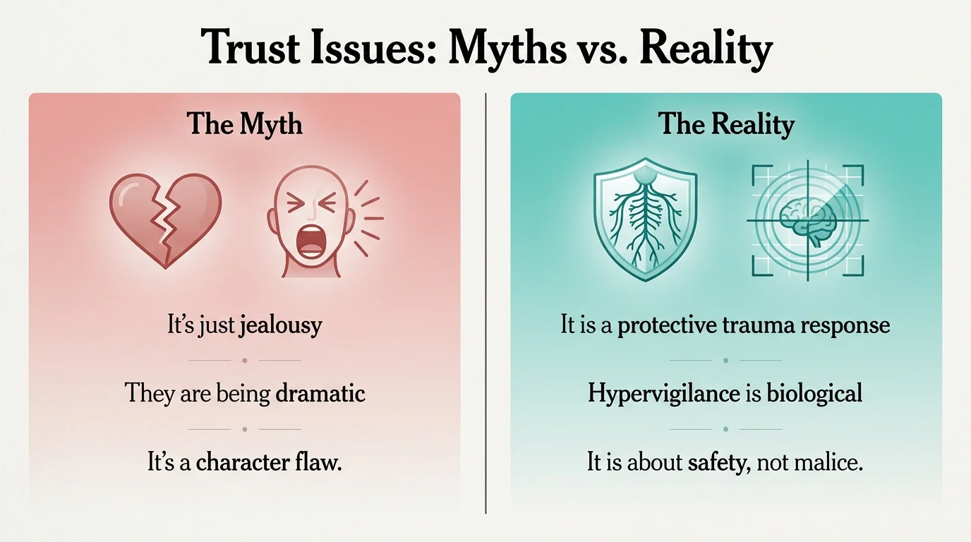 A side-by-side horizontal comparison diagram debunking common myths about trust issues.