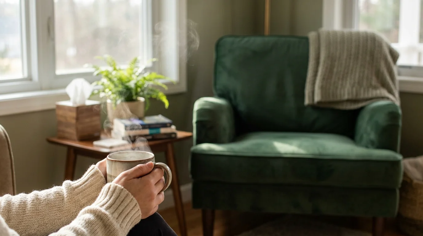 A soft-focus photo of hands holding a steaming mug of tea in a warm, comfortable room with an inviting velvet armchair.