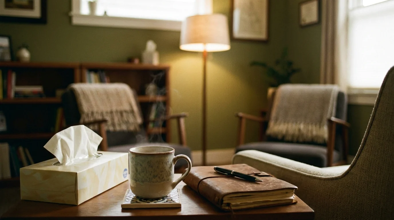 A softly lit room with a notebook and tissues on a side table, suggesting a safe environment for therapy.