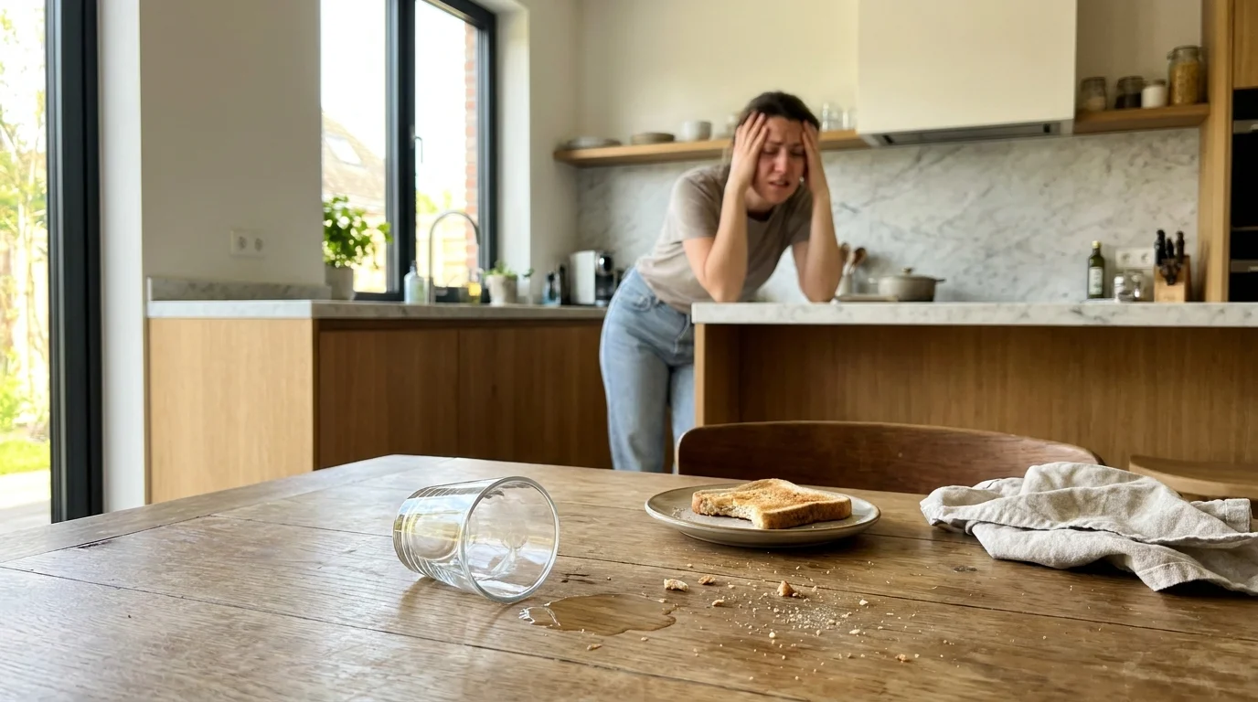 A spilled glass of water in the foreground with a person reacting in distress in the background, showing a disproportionate reaction.