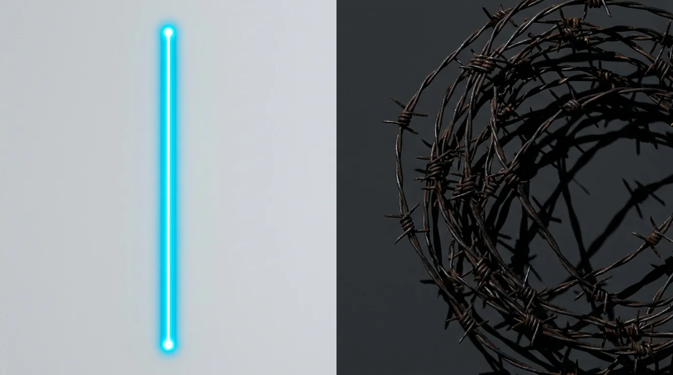 A split composition showing a straight line of light versus a tangled knot of wire, representing direct and passive communication.