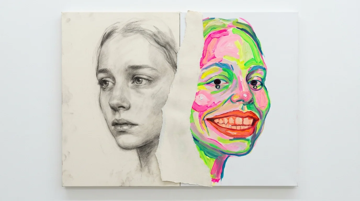 A split image showing a realistic charcoal face next to a garish, distorted caricature of the same face.