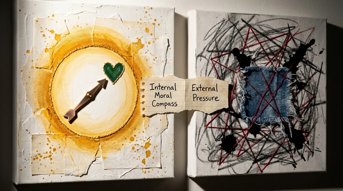 A split-screen abstract collage contrasting a clean compass for healthy guilt with a tangled, dark web for guilt manipulation.