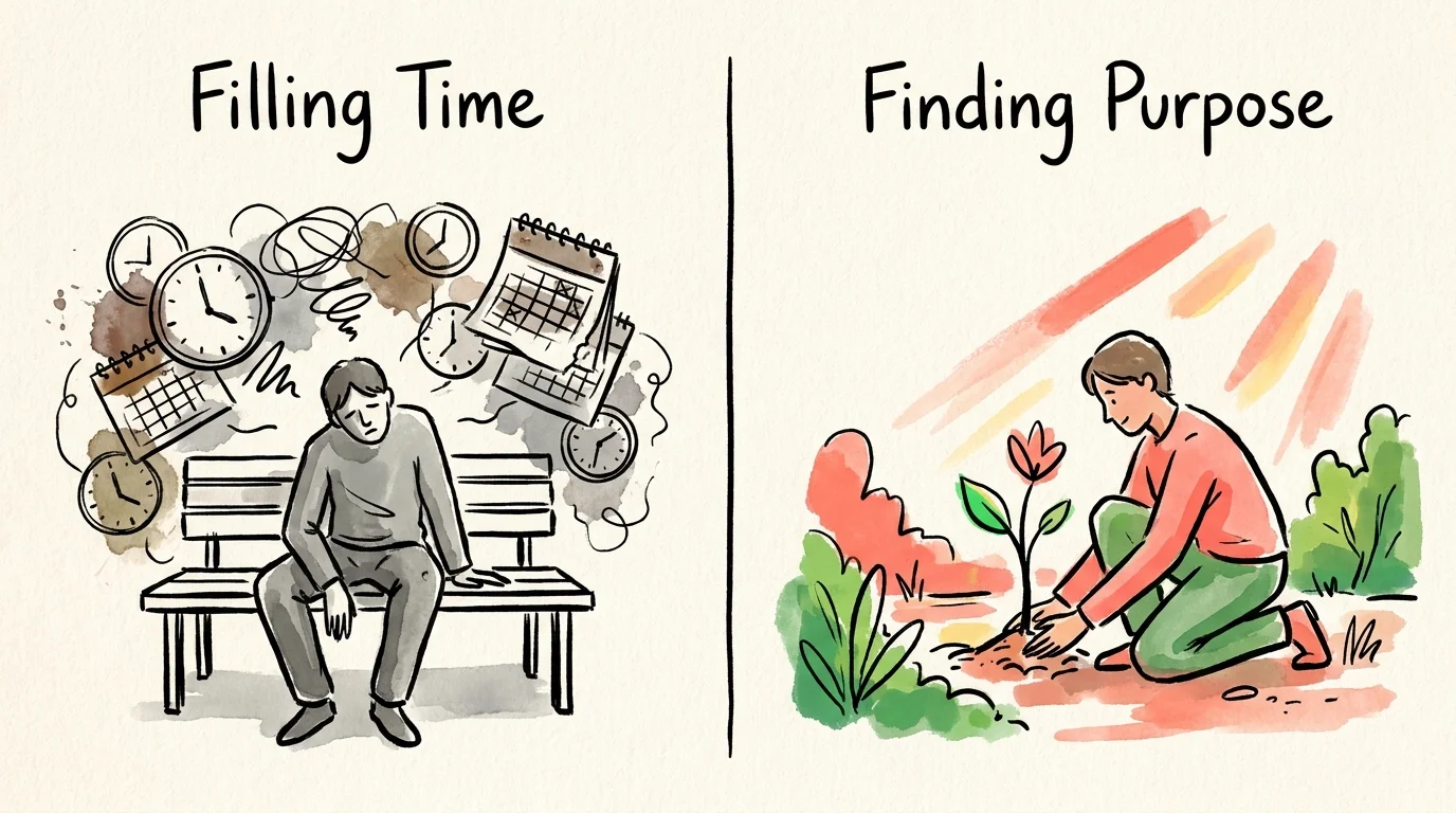 A split-screen illustration contrasting the restlessness of killing time with the fulfillment of purposeful activity.