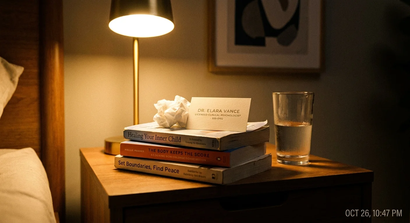 A stack of self-help books on a nightstand with a therapist's business card on top, showing the transition to professional help.