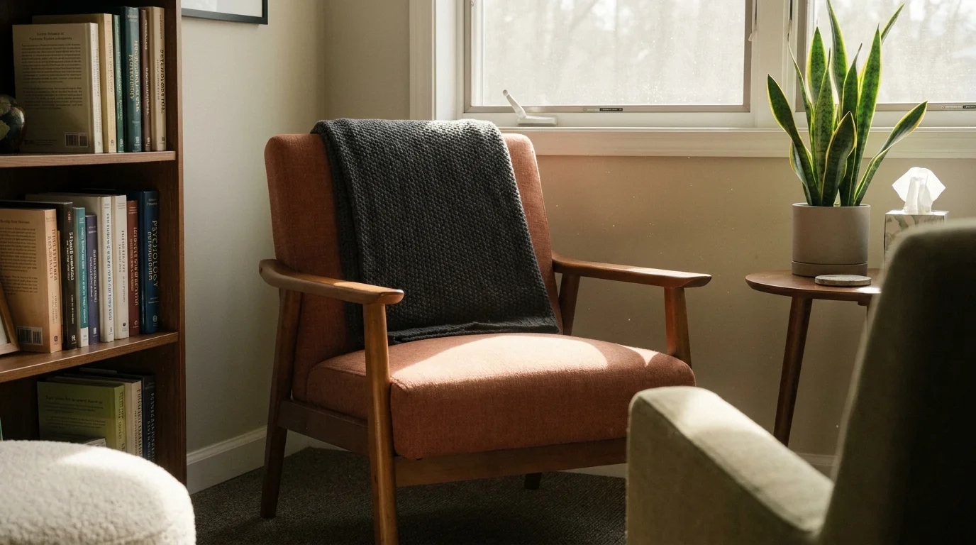A sunlit, peaceful corner of a therapist's office with a comfortable armchair and books.