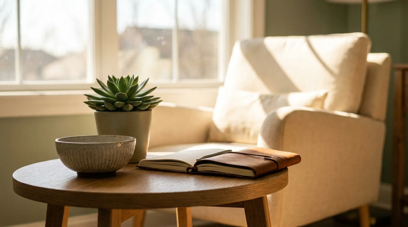 A sunlit room with a journal and a plant on a wooden table, suggesting a peaceful space for therapy and reflection.