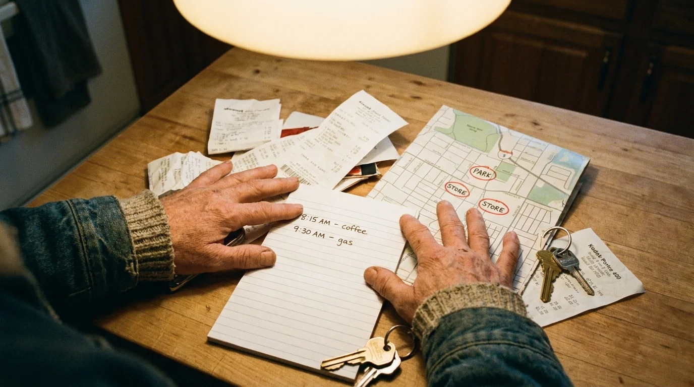 A table cluttered with excessive 'proof' like receipts and maps, symbolizing over-explaining a lie.