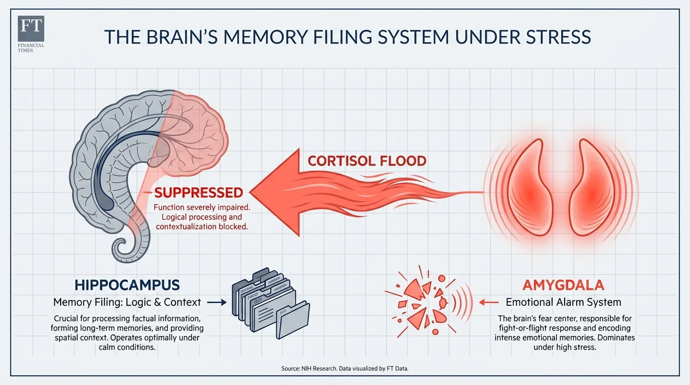 A technical diagram showing the impact of cortisol on the hippocampus and amygdala during stress.