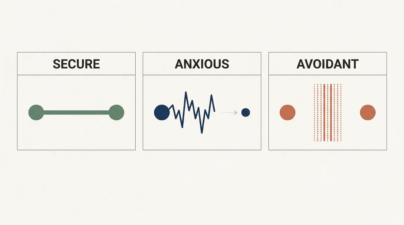 A three-panel diagram illustrating secure, anxious, and avoidant attachment patterns using simple dots and lines.