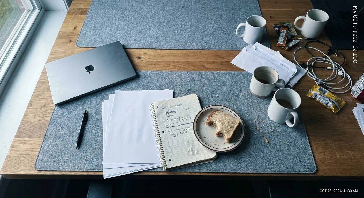 A top-down photo of a desk where one person's clutter is spilling over onto the organized side of another person.