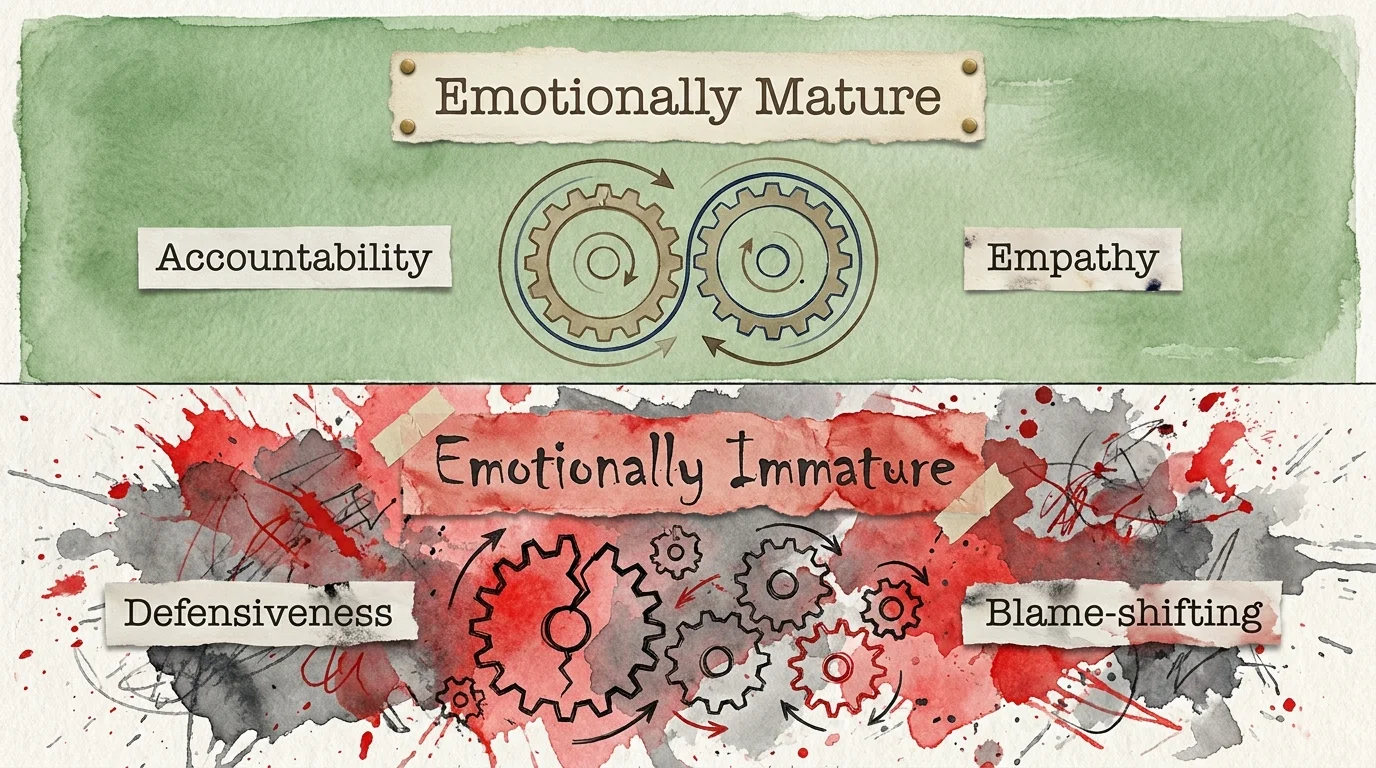 A two-part diagram comparing 'Emotionally Mature' (smooth gears) and 'Emotionally Immature' (broken gears) with labels like 'Accountability'