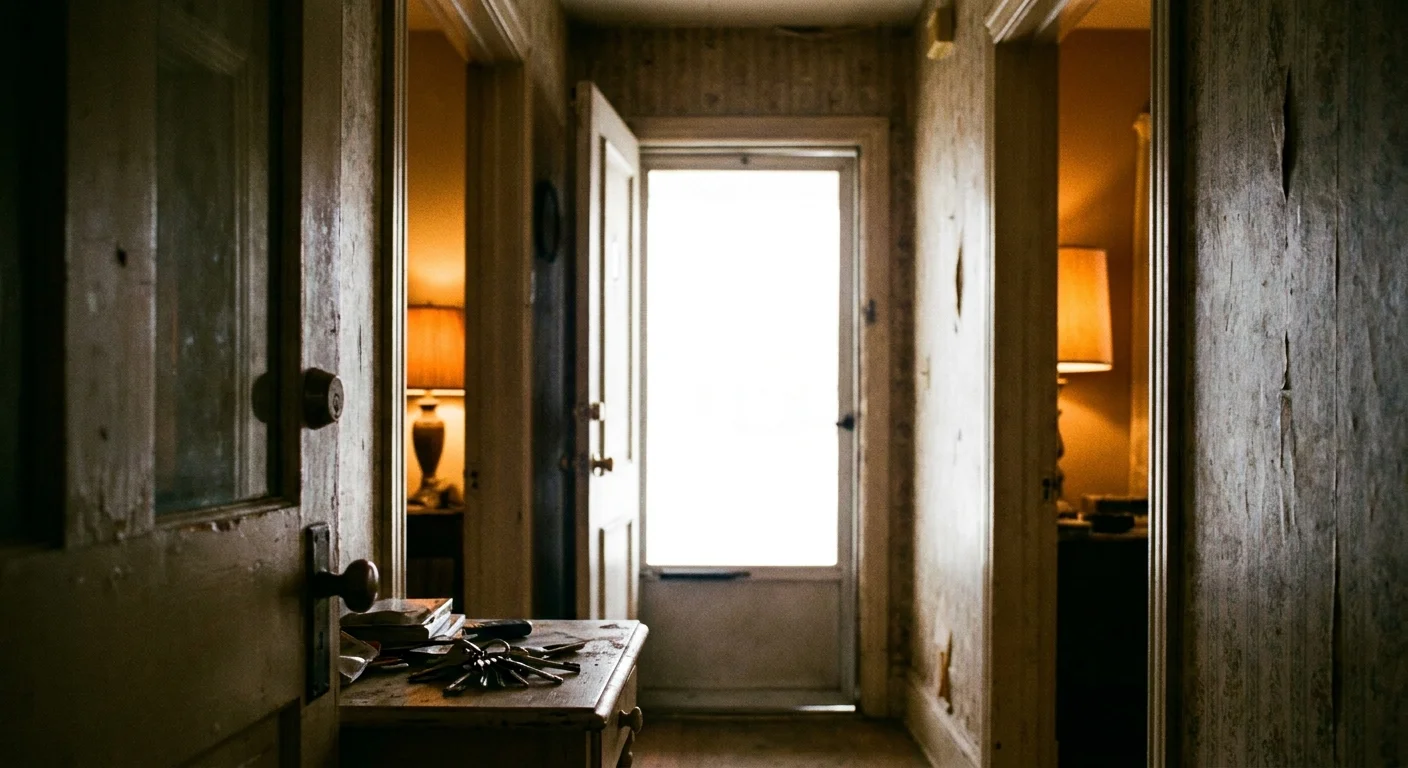 A view from a dark, familiar hallway looking out through an open door into a bright, featureless white light.