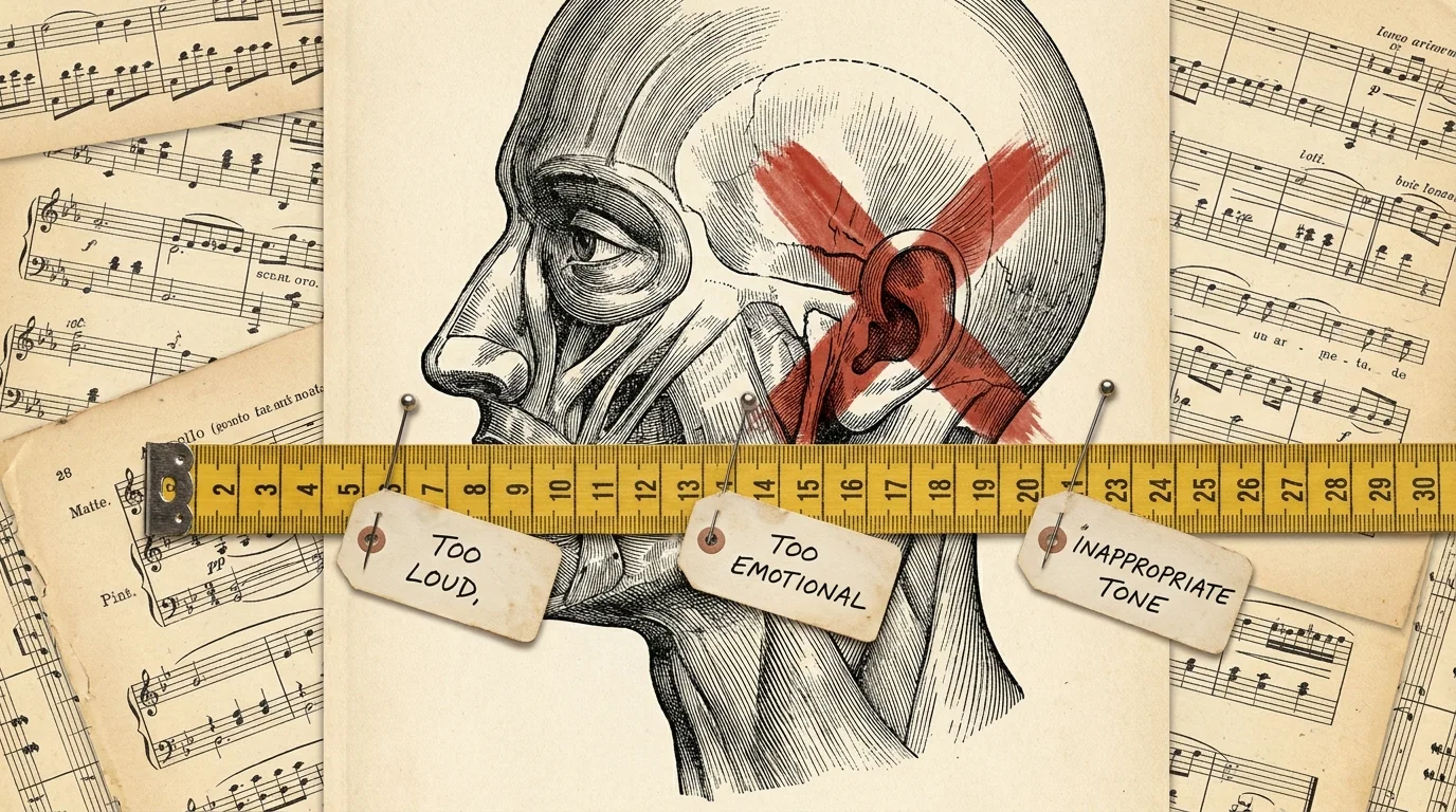 A vintage illustration of a person with a measuring tape over their mouth, labeled 'Too Emotional,' representing tone policing.