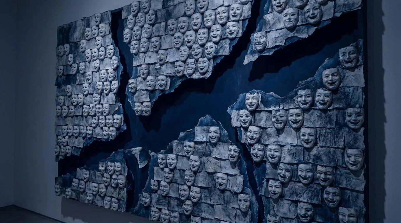A wall made of small, identical smiling masks is crumbling to reveal a dark blue void behind it.
