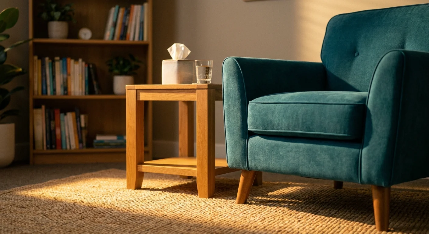 A warm, sunlit corner of a therapist's office with a comfortable armchair and a box of tissues.