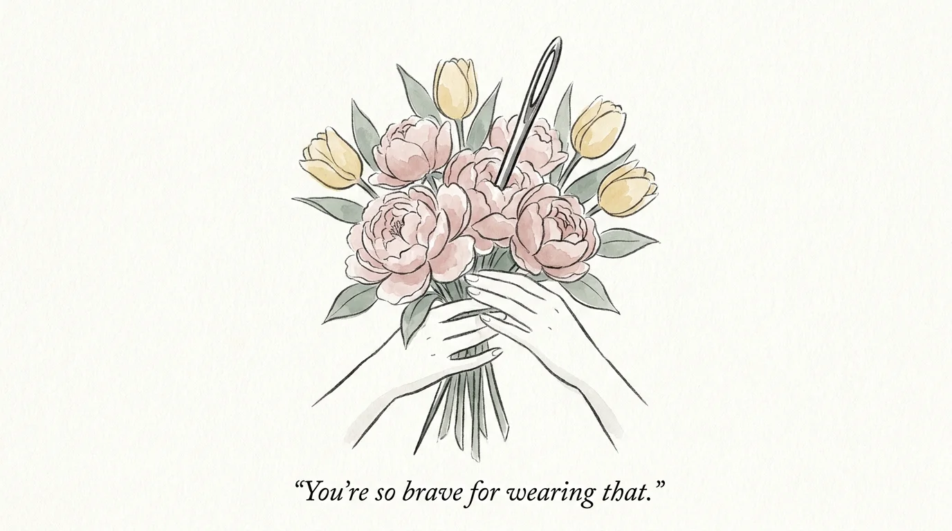 A watercolor illustration of a bouquet of flowers with a hidden needle tucked inside the petals.