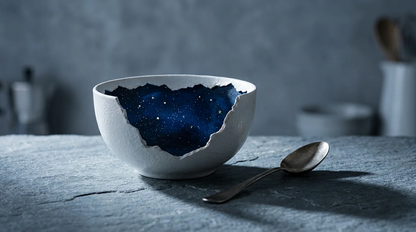 A white bowl on a table that is empty inside, revealing a dark, star-filled void instead of a bottom.