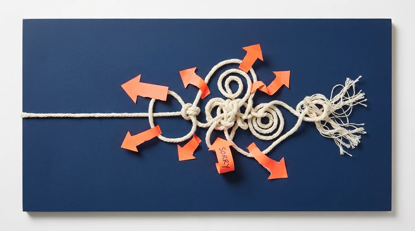 A white string spirals into a knot with orange arrows pointing backwards, symbolizing the twisting of blame.