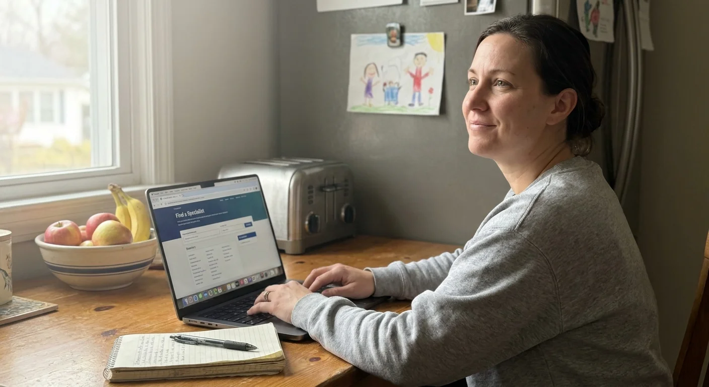 A woman at a kitchen table looking out the window with a laptop open to a therapy directory.