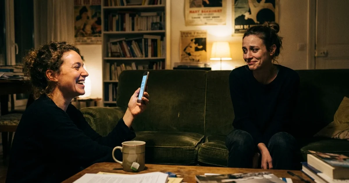 A woman laughs at her phone while her friend sits beside her on a sofa with a forced, thin smile and envious eyes.