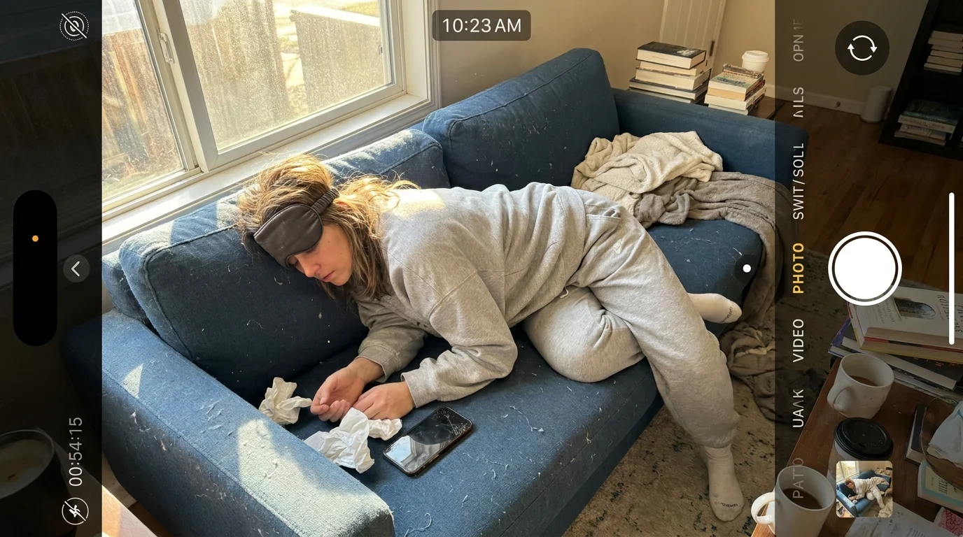 A woman lies slumped on a sofa in a sunlit room, looking physically depleted after an interaction.